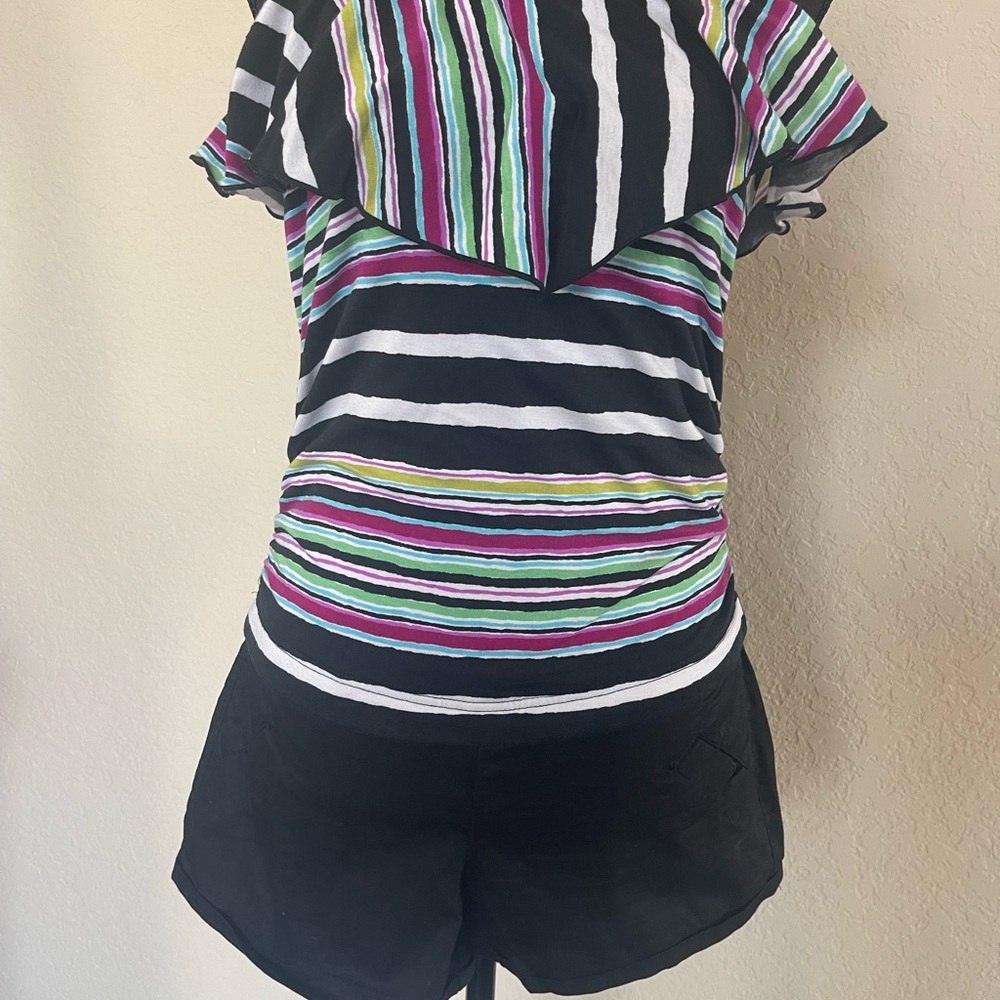Rewind Multicolor Striped Top with Black Shorts Romper